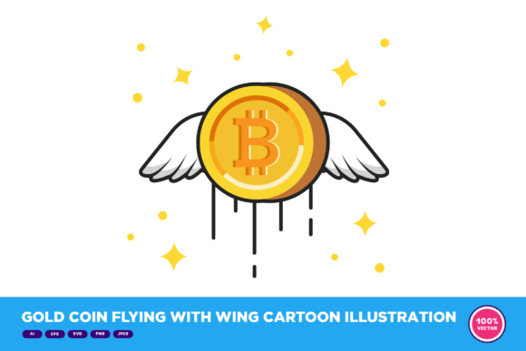 Gold Coin Flying with Wing Cartoon Graphics & Illustrations