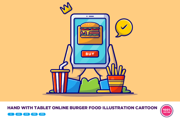 Hand with Tablet Online Burger Food Graphics & Illustrations