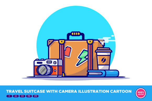 Travel Suitcase with Camera Illustration: Graphics & Illustrations