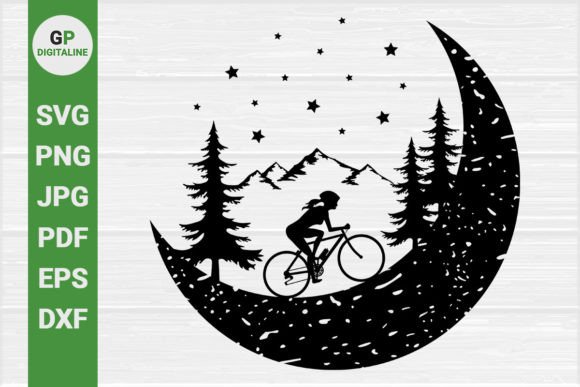 Woman Riding a Bike on the Moon SVG: Nature-Inspired Illustrations & Graphics